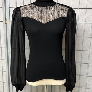 Tristan Black Sheer Lace Blouse, Extra Small